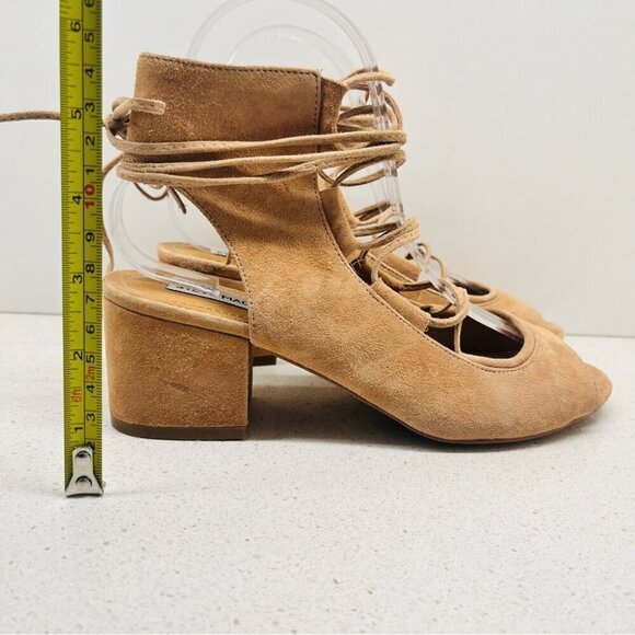 NWT Steve Madden Admire Sandals Sand Tan Leather Suede Lace Up Heel Sz 7.5B Flaw - Picture 2 of 16